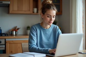 Femme assise à la maison avec ordinateur portable