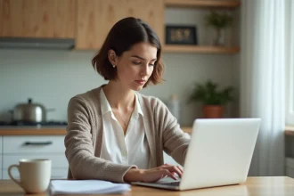 Femme concentrée travaillant sur son ordinateur dans un appartement lumineux