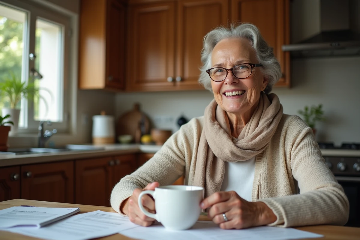 Femme souriante avec tasse de cafe dans la cuisine