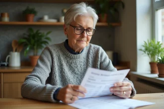 Femme en fin de carrière calculant sa retraite après un temps partiel, assise à une table en bois avec des documents administratifs