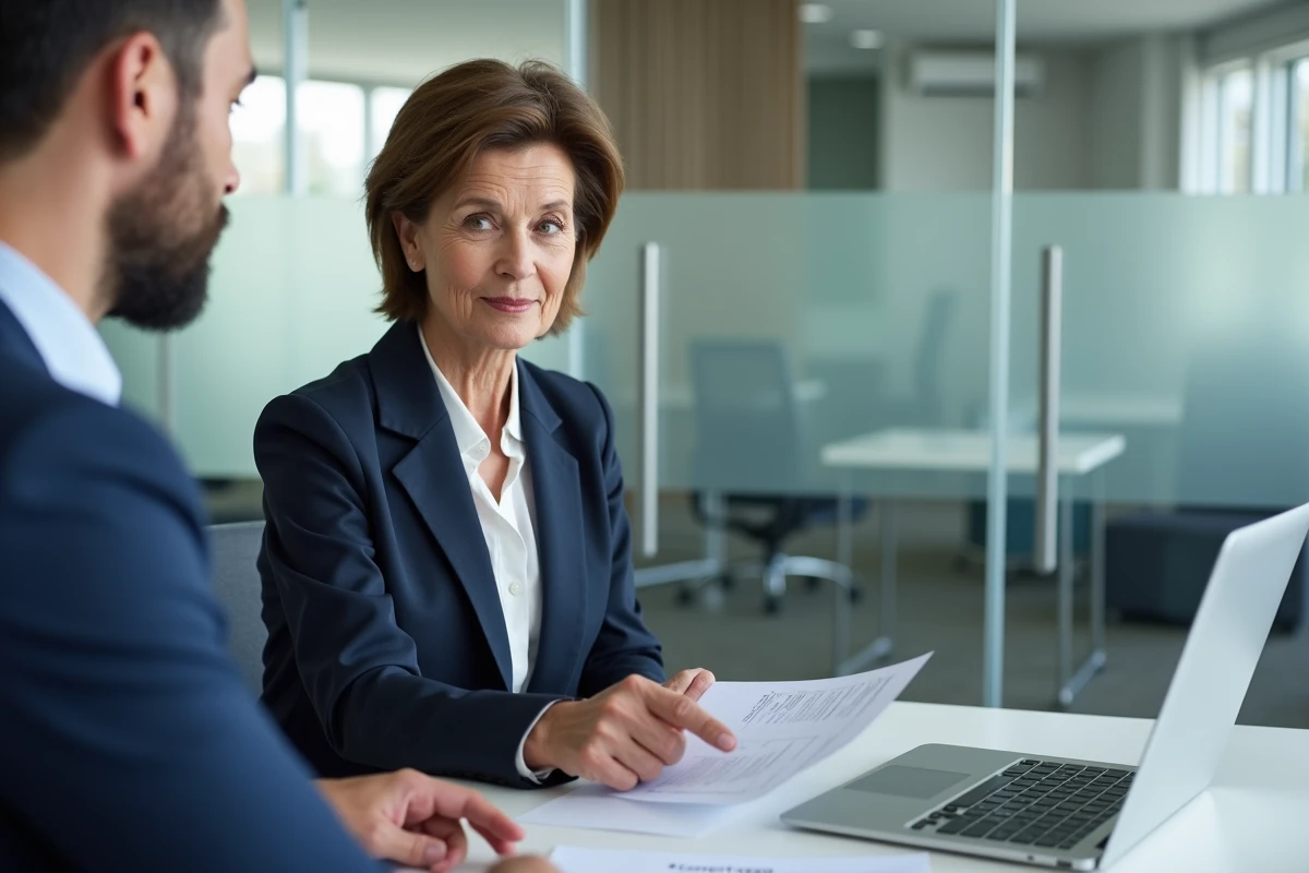 Femme de 55 ans en rendez-vous avec un conseiller pour vérifier son éligibilité au formulaire de retraite anticipée