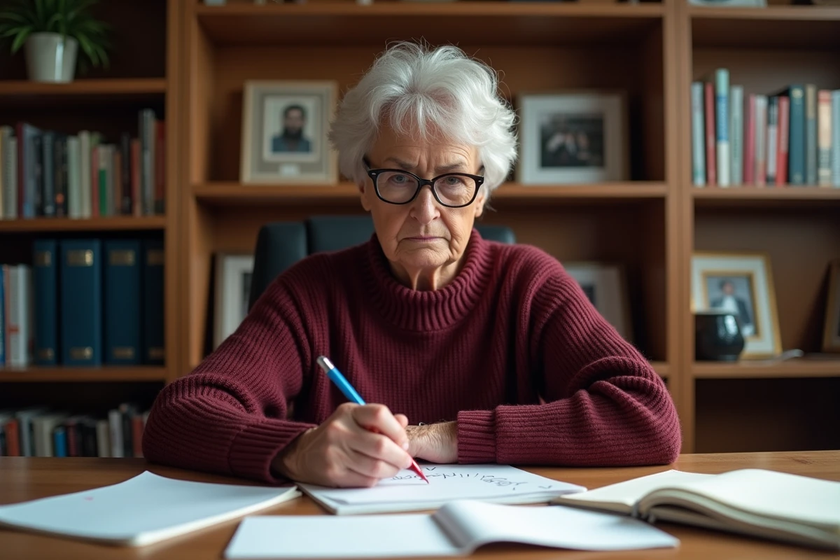 Femme d'une cinquantaine d'années corrigeant un message de retraite manuscrit à son bureau avec un stylo rouge, air concentré