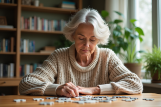 Femme d'âge moyen résolvant un puzzle dans un salon lumineux