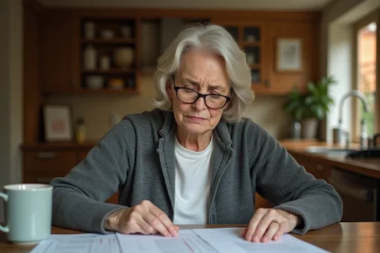 Femme de 58 ans consultant ses documents de retraite Agirc-Arrco à la maison, carrière hachée et droits à la retraite complémentaire