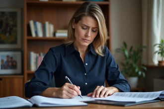 Femme d'âge moyen remplissant des documents officiels à son bureau