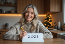 Femme d'âge moyen écrivant une date dans un calendrier d'hiver