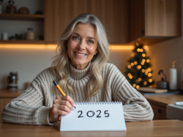 Femme d'âge moyen écrivant une date dans un calendrier d'hiver