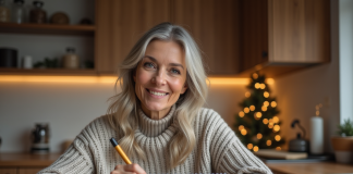 Femme d'âge moyen écrivant une date dans un calendrier d'hiver