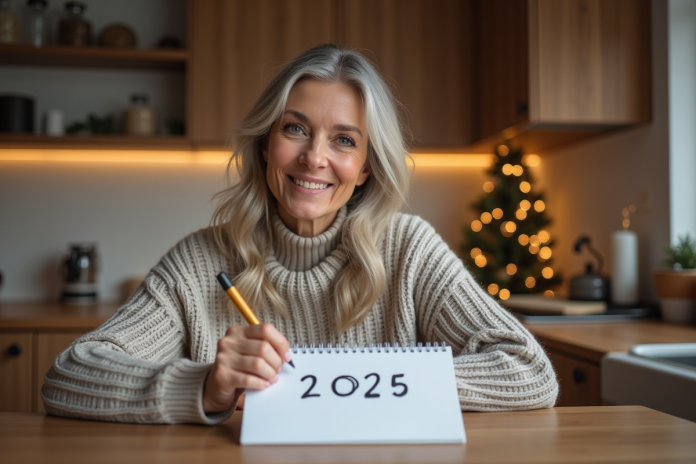 femme-ecriture-calendrier-hiver Femme d'âge moyen écrivant une date dans un calendrier d'hiver