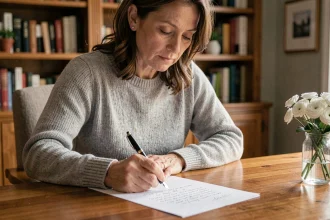 Femme écrivant une lettre de condoléances à la main sur un bureau en bois avec des fleurs blanches