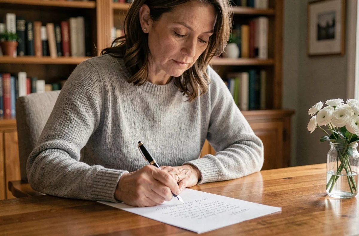 Femme écrivant une lettre de condoléances à la main sur un bureau en bois avec des fleurs blanches