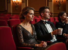 Théâtre : pourquoi ne pas boire de verre pendant le spectacle ? Femme en robe de soirée dans un théâtre italien élégant