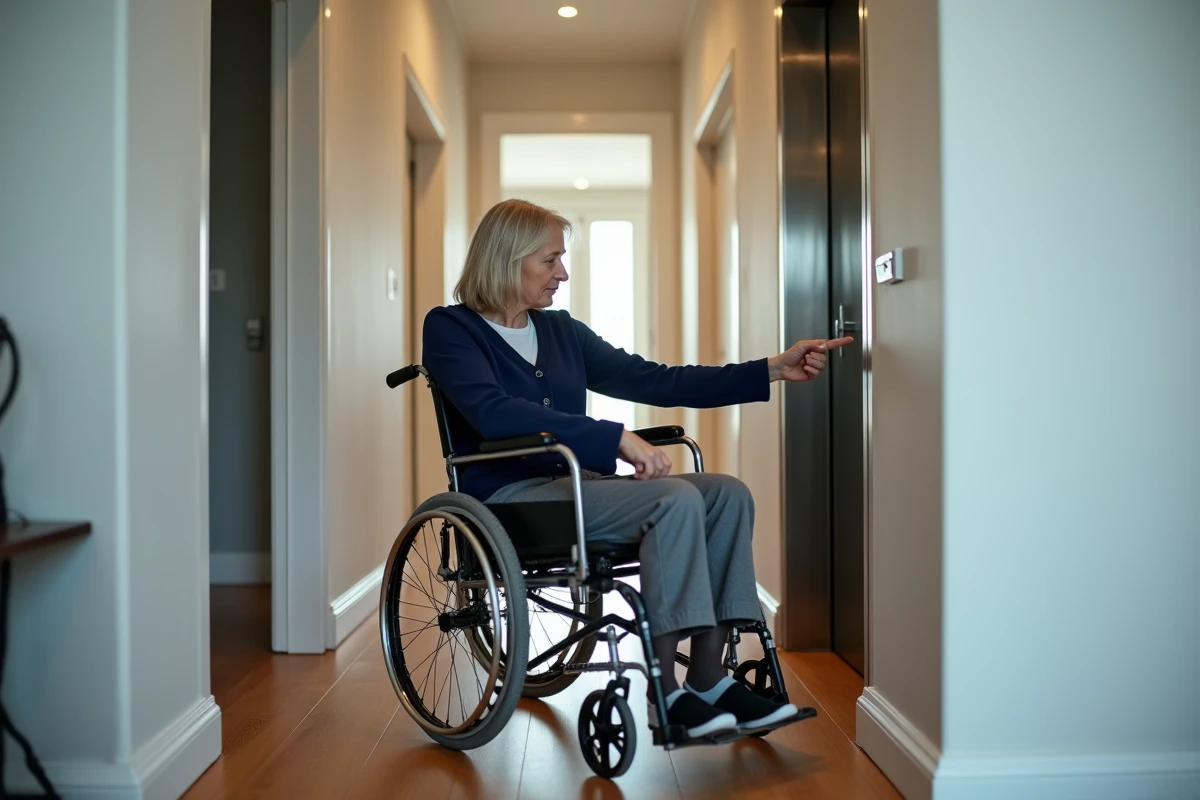 Femme en fauteuil roulant utilisant un élévateur PMR vitré dans une maison moderne accessible