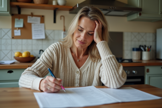 Femme concentrée à la cuisine pour la gestion du budget