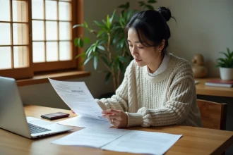 Femme japonaise âgée examinant des documents officiels à domicile