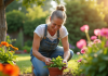 Femme souriante jardinant dans son jardin ensoleille