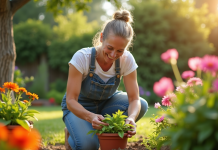 Femme souriante jardinant dans son jardin ensoleille