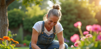Femme souriante jardinant dans son jardin ensoleille