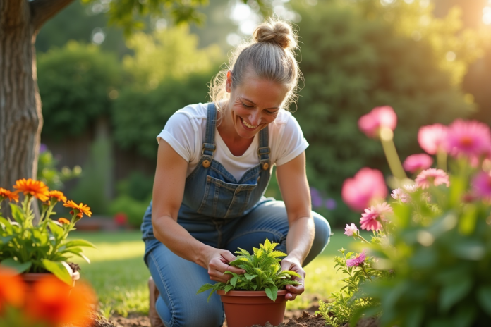 Femme souriante jardinant dans son jardin ensoleille