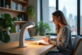 Femme lisant un livre près d'une lampe LED dans un bureau moderne