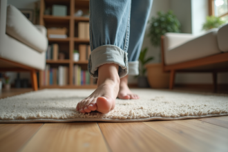 Femme d'âge moyen dans un salon lumineux avec tapis et étagères
