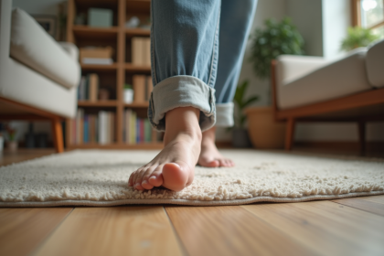 Femme d'âge moyen dans un salon lumineux avec tapis et étagères