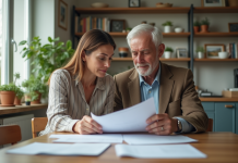 Femme d'âge moyen et homme âgé discutant à la cuisine