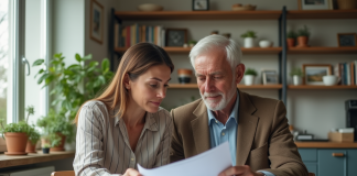 Femme d'âge moyen et homme âgé discutant à la cuisine
