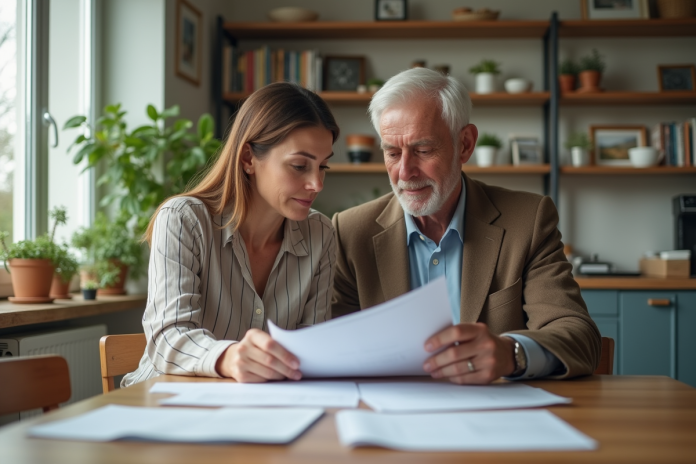 Femme d'âge moyen et homme âgé discutant à la cuisine