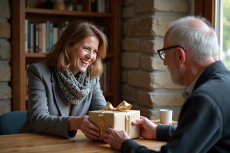 Femme souriante offrant un cadeau à un homme âgé à la maison