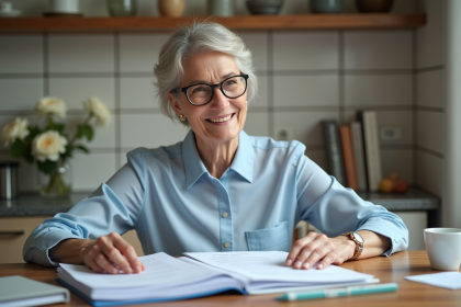 Femme souriante organise des papiers importants à la maison
