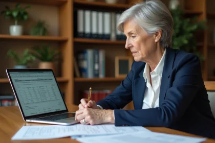 Femme de 58 ans consultant des documents de planification retraite sur un bureau en bois à domicile, préparant l'optimisation de ses revenus avant la revalorisation retraite 2026