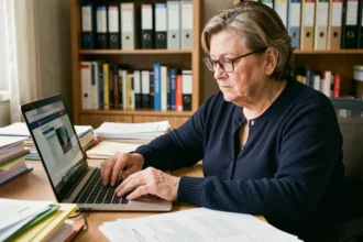 Une femme d'une cinquantaine d'années consulte le portail Mon Proxima fr sur un ordinateur portable, entourée de dossiers administratifs liés à une association tutélaire