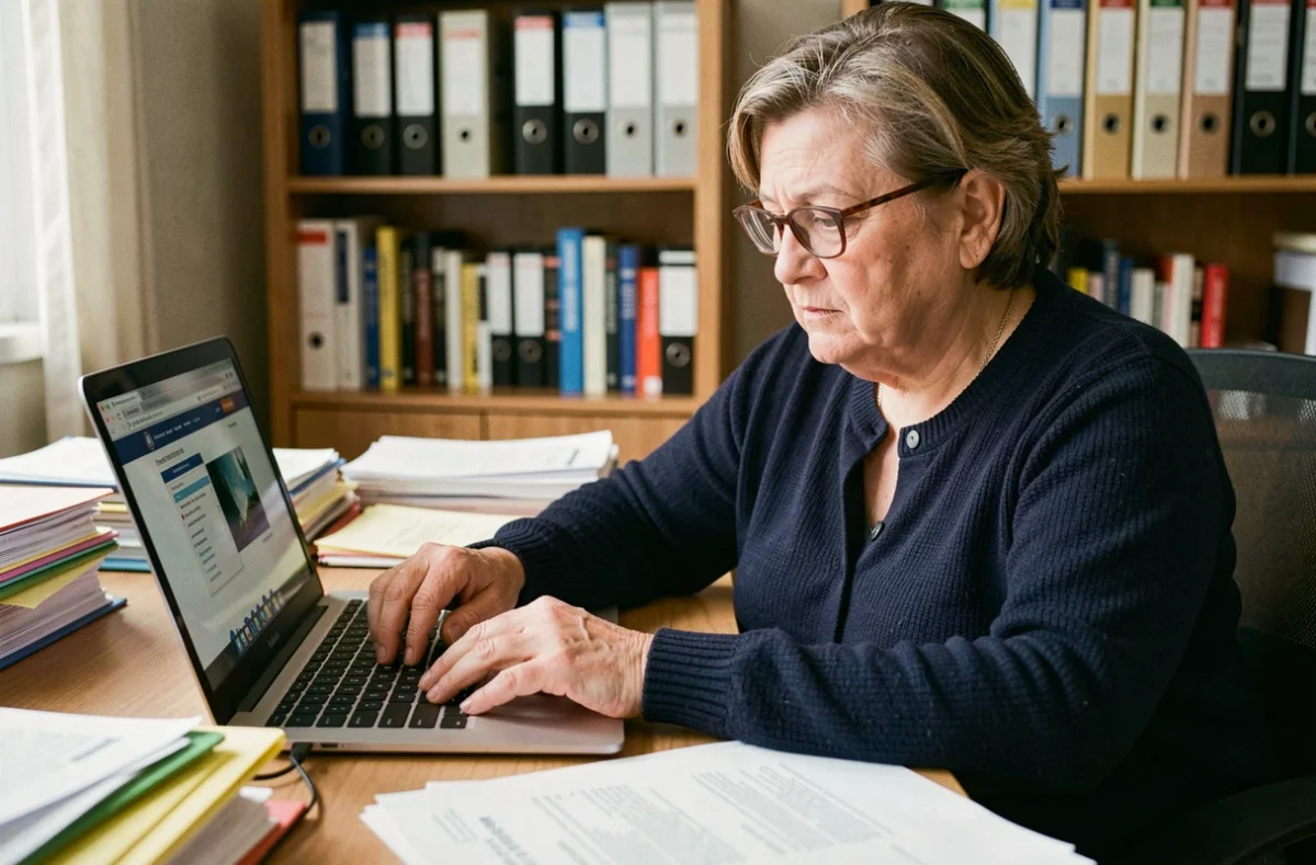 Une femme d'une cinquantaine d'années consulte le portail Mon Proxima fr sur un ordinateur portable, entourée de dossiers administratifs liés à une association tutélaire