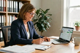 Femme professionnelle quinquagénaire consultant son compte retraite PRO BTP sur un ordinateur portable dans un bureau à domicile moderne