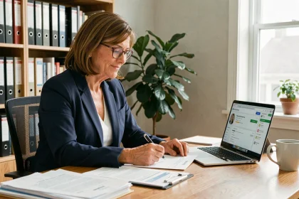 Femme professionnelle quinquagénaire consultant son compte retraite PRO BTP sur un ordinateur portable dans un bureau à domicile moderne