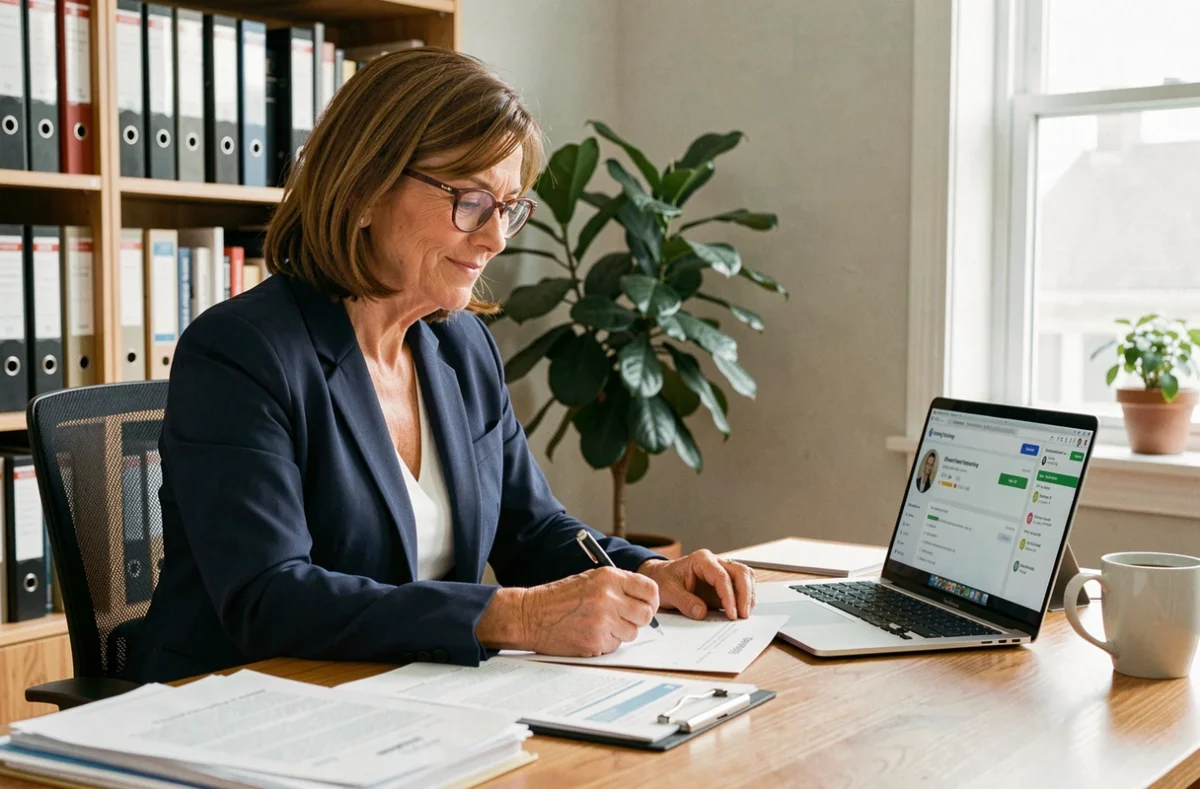Femme professionnelle quinquagénaire consultant son compte retraite PRO BTP sur un ordinateur portable dans un bureau à domicile moderne