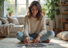 Détente et relaxation : bénéfices du puzzle pour se relaxer Femme en homewear posant une pièce de puzzle dans un salon cosy