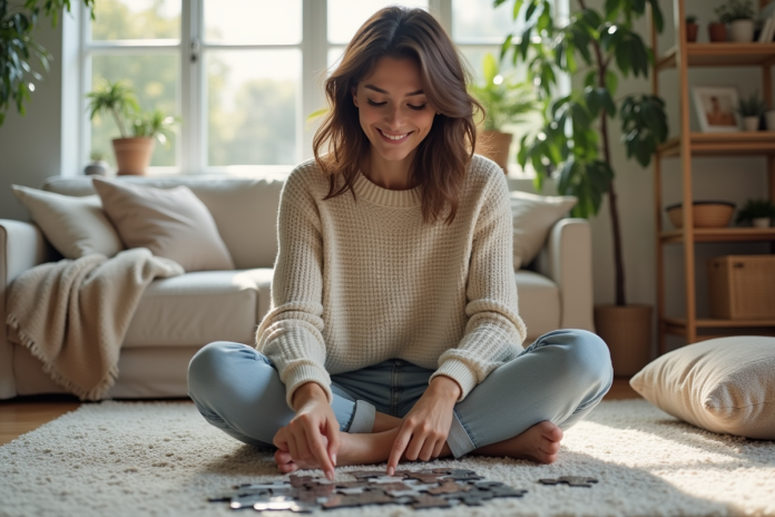 femme-puzzle-confort Femme en homewear posant une pièce de puzzle dans un salon cosy