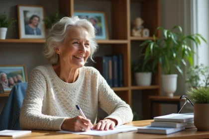 Femme souriante écrivant une lettre dans son bureau lumineux