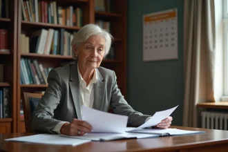 Femme d'âge moyen examinant ses papiers de retraite dans son bureau