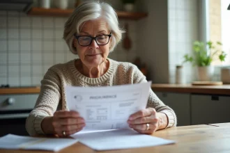 Femme française de 60 ans examine sa pension à la maison