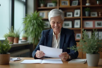 Femme à la retraite souriant en lisant un message de félicitations écrit à la main dans son bureau