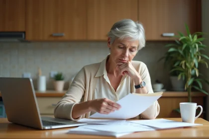 Femme retraitée examinant ses papiers de pension à la maison