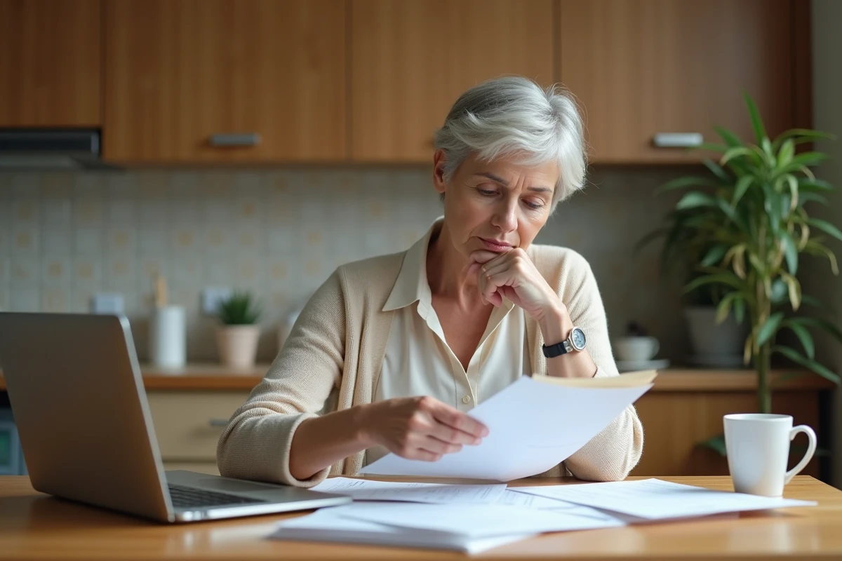 Femme retraitée examinant ses papiers de pension à la maison