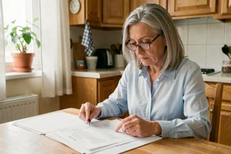 Femme retraitée consultant son relevé de carrière à la table de cuisine pour identifier ses meilleures années retraite