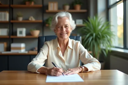 Femme souriante signant une lettre de retraite dans un bureau