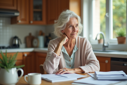 Femme retraitée pensant à ses factures dans la cuisine