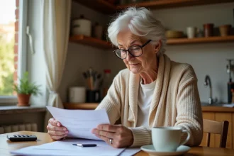 Femme retraitée consultant ses documents de retraite Agirc-Arrco à la table de sa cuisine