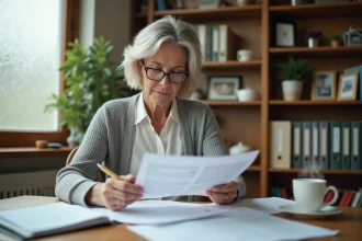 Femme retraitée consultant ses documents de retraite CNAV à son bureau à domicile